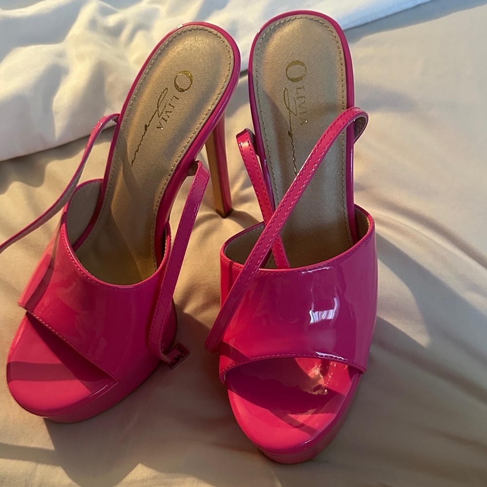 Olivia Rae Patent Open-Toe Slingback Heels in Hot Pink